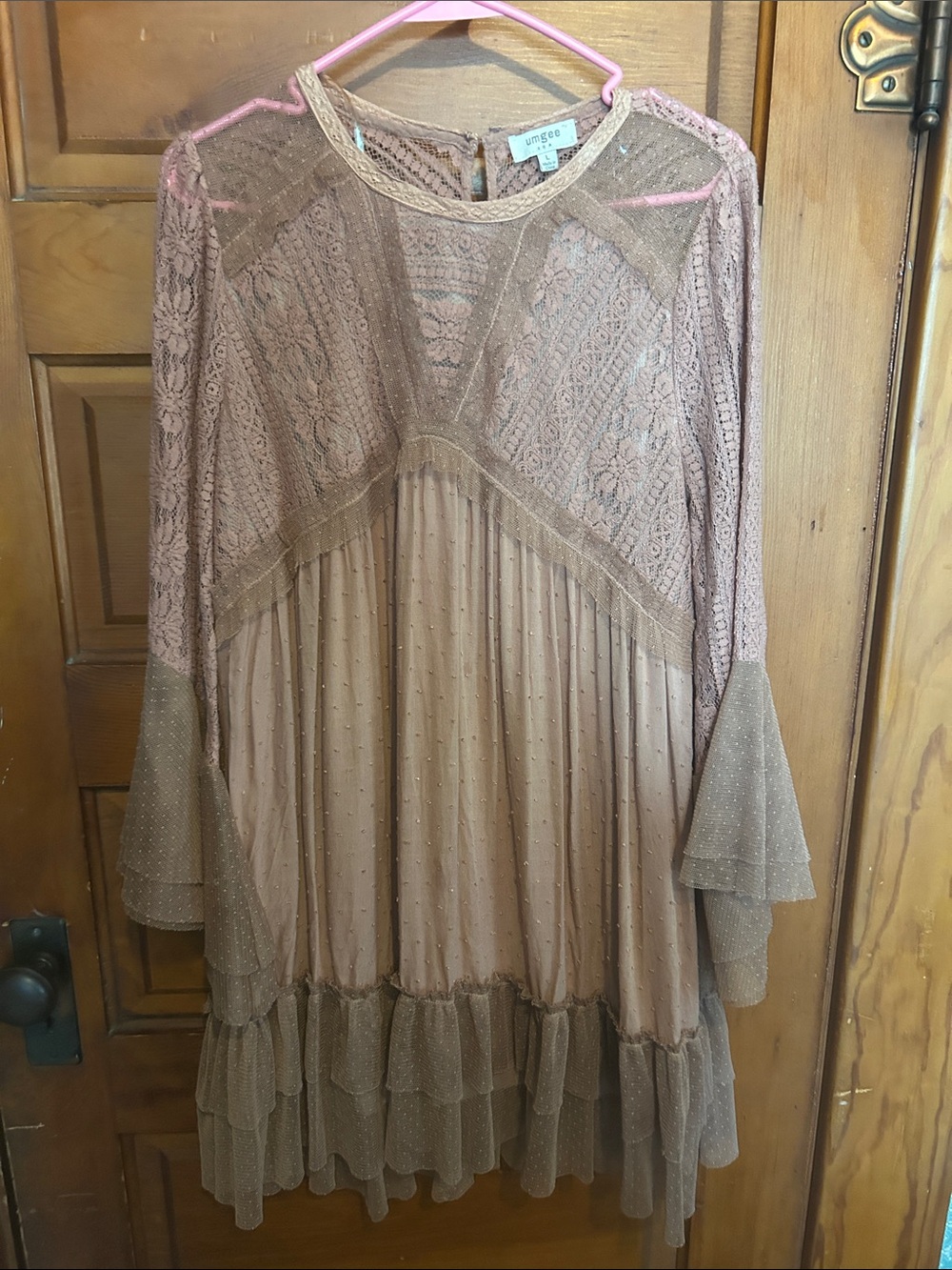 Umgee Taupe Lace & Mesh Tiered Long Sleeve Dress
